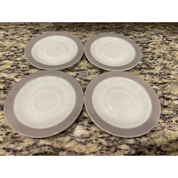 Pyrex Glass Saucer Plates Gray Band White Milk Glass MCM Vtg Set of 4 - Picture 2 of 8